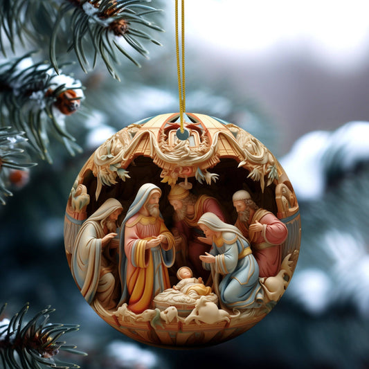 Christmas Nativity Flat Disc Ornament, Religious Gift: One Side Only (Fernville logo on back)