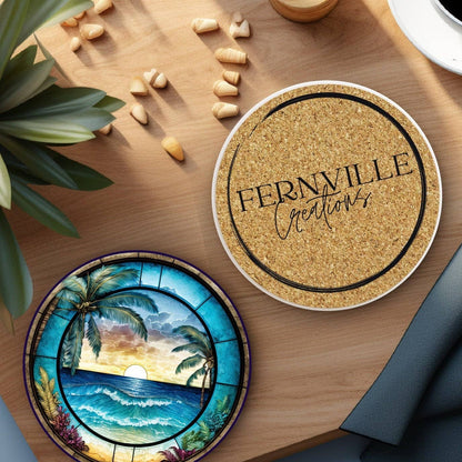 Tropical Beach Ceramic Coaster with Cork Backing: 3.6 Inch Glossy