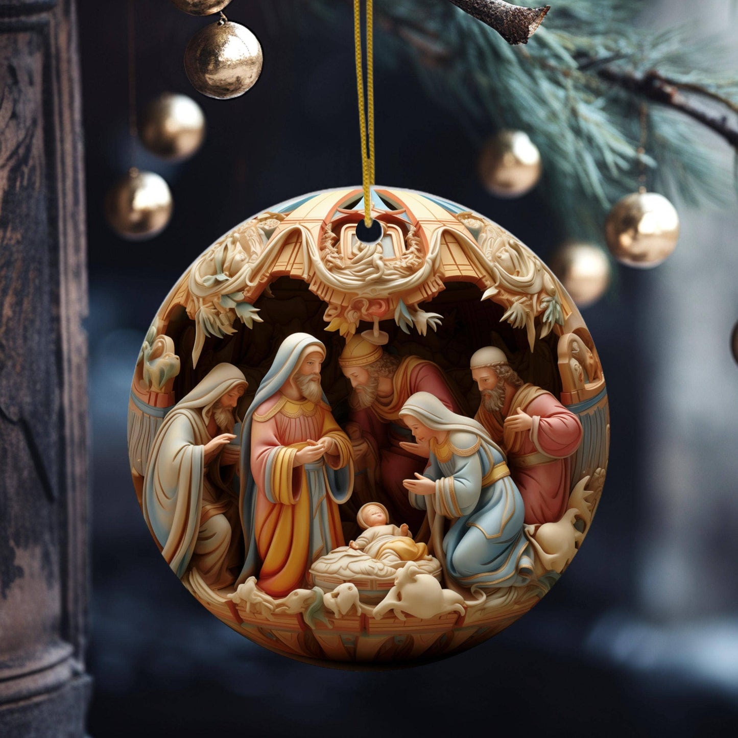 Christmas Nativity Flat Disc Ornament, Religious Gift: One Side Only (Fernville logo on back)