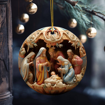 Christmas Nativity Flat Disc Ornament, Religious Gift: One Side Only (Fernville logo on back)