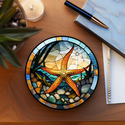 Starfish Stained Glass Ceramic *Coaster*, Eco-Friendly Decor: 3.6 Inch Glossy