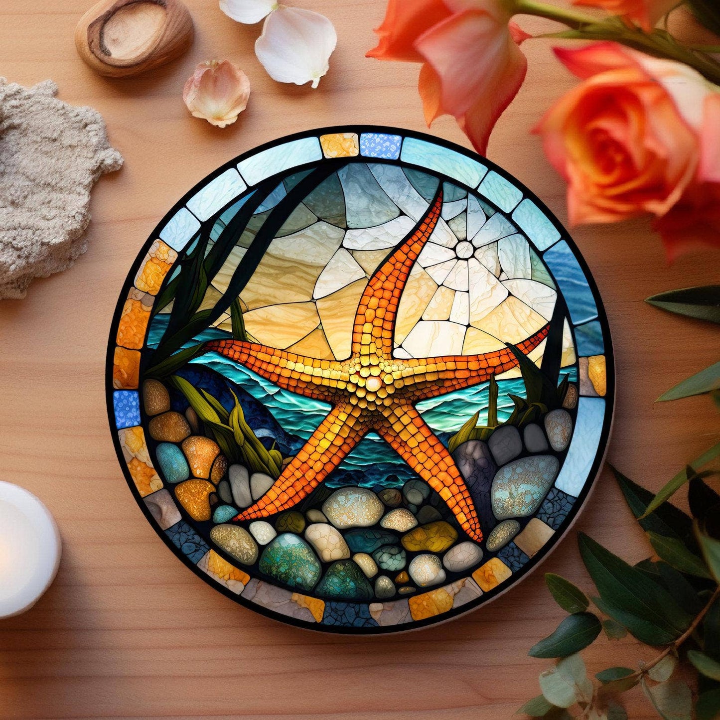 Starfish Stained Glass Ceramic *Coaster*, Eco-Friendly Decor: 3.6 Inch Glossy