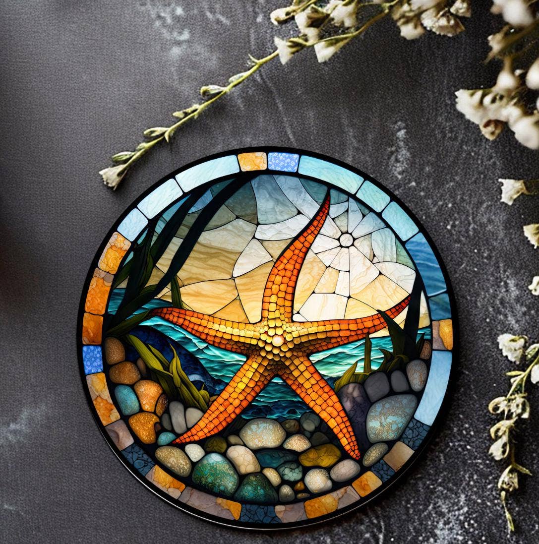 Starfish Stained Glass Ceramic *Coaster*, Eco-Friendly Decor: 3.6 Inch Glossy