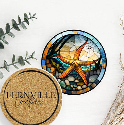 Starfish Stained Glass Ceramic *Coaster*, Eco-Friendly Decor: 3.6 Inch Glossy