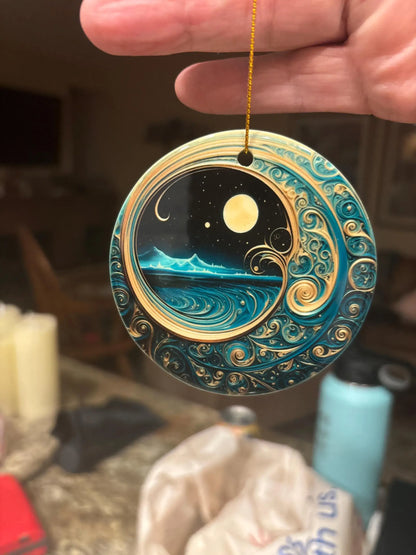 Starry Night Teal & Gold Celestial Keepsake Ornament: One Side Only (Fernville logo on back)