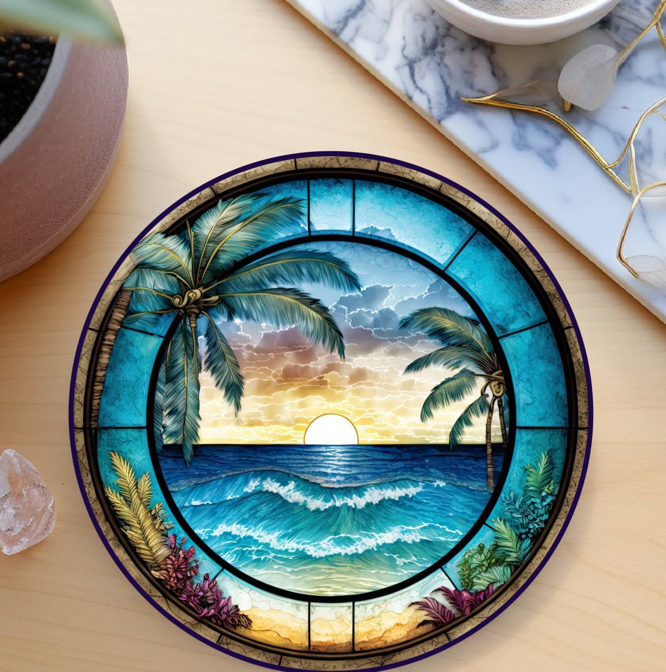 Tropical Beach Ceramic Coaster with Cork Backing: 3.6 Inch Glossy