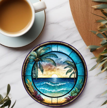 Tropical Beach Ceramic Coaster with Cork Backing: 3.6 Inch Glossy