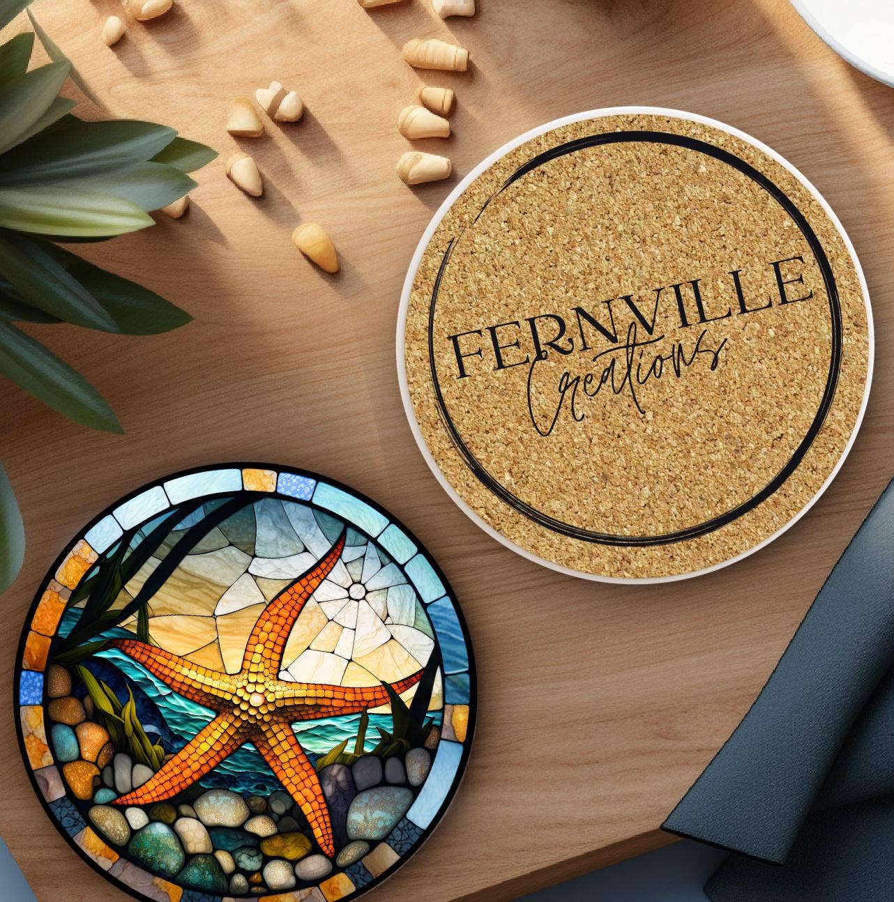 Starfish Stained Glass Ceramic *Coaster*, Eco-Friendly Decor: 3.6 Inch Glossy