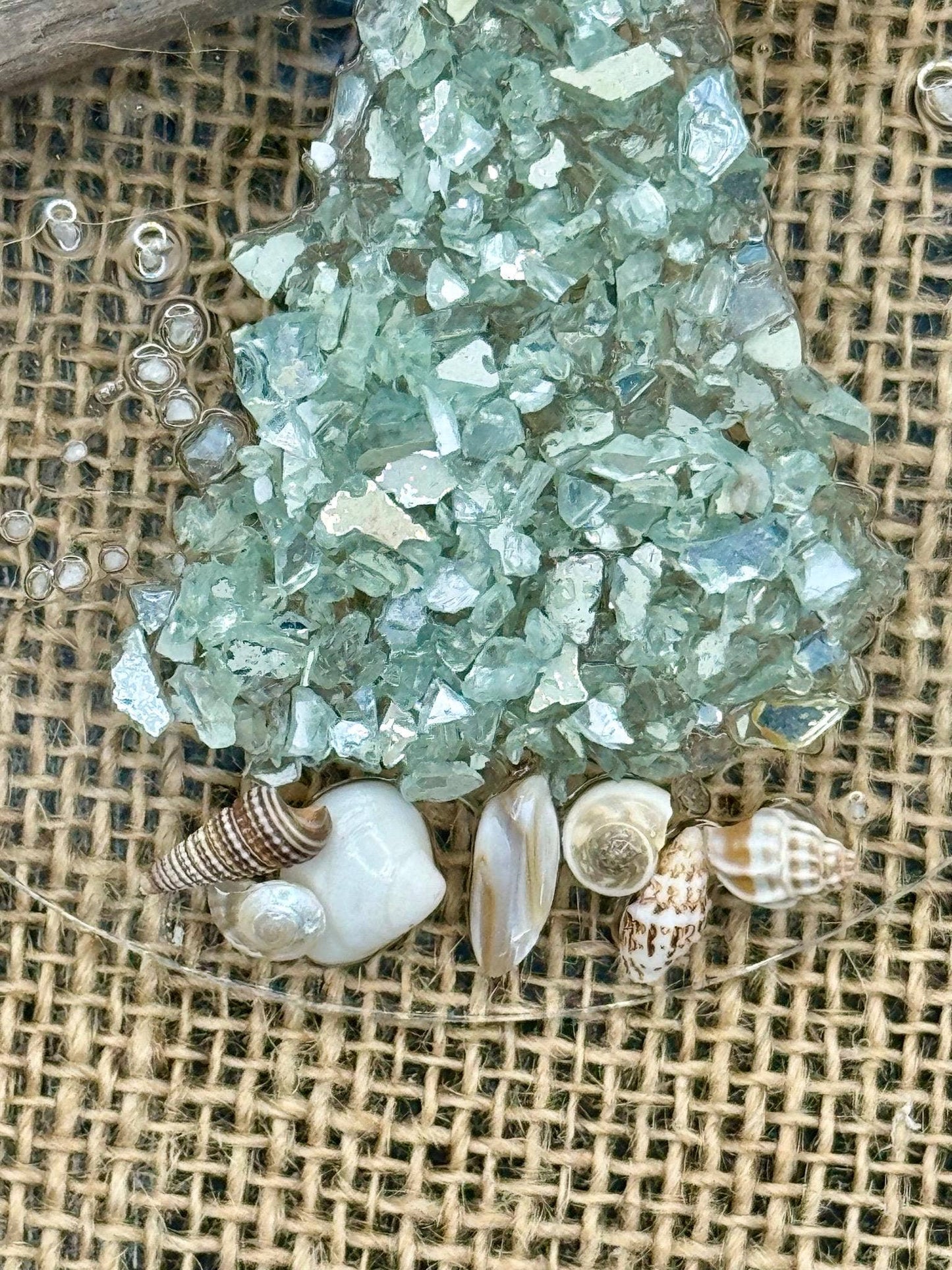 Coastal Christmas Ornament- Aqua  Christmas Tree w/ shells , Beachy Christmas,starfish, Handmade, glass ornament,resin art, Beachy ornament