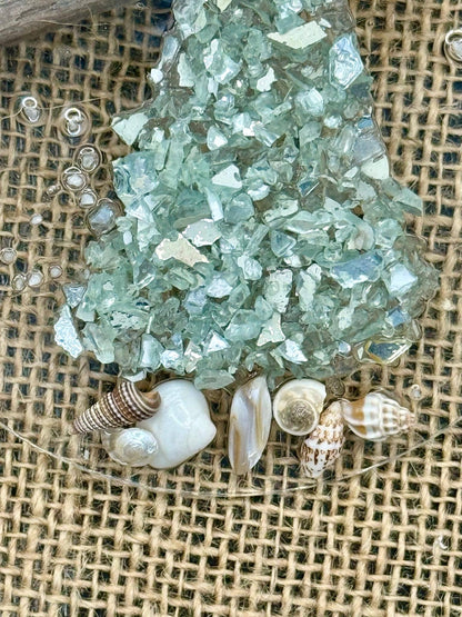 Coastal Christmas Ornament- Aqua  Christmas Tree w/ shells , Beachy Christmas,starfish, Handmade, glass ornament,resin art, Beachy ornament