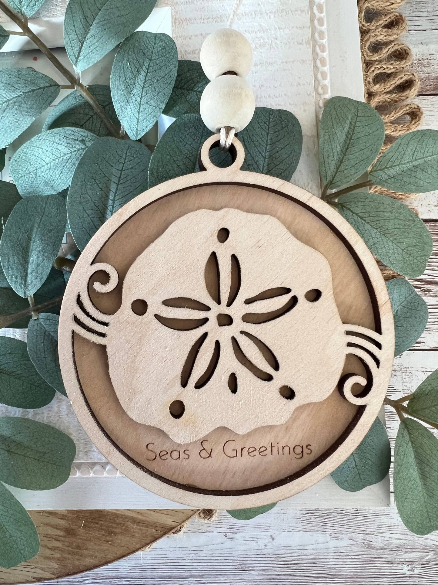 Wood ornament sand dollar hand painted maple wood 