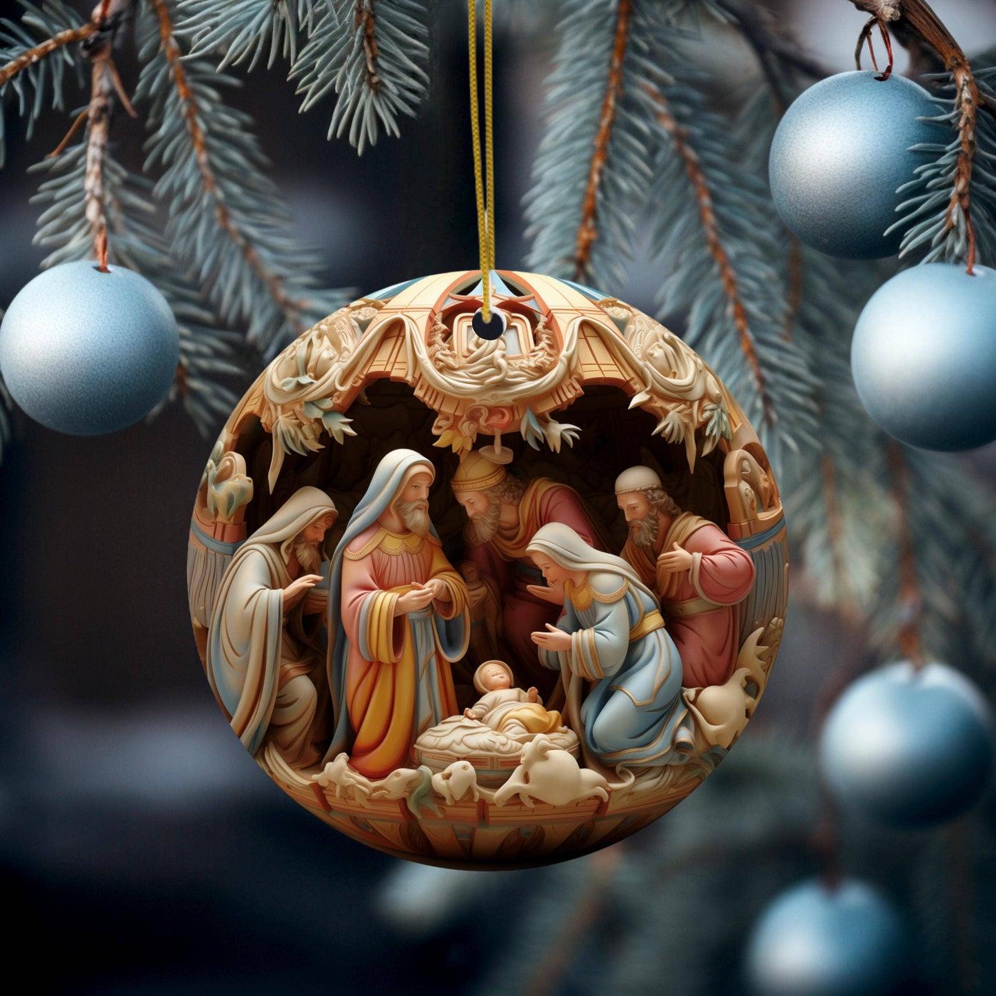 Christmas Nativity Flat Disc Ornament, Religious Gift: One Side Only (Fernville logo on back)