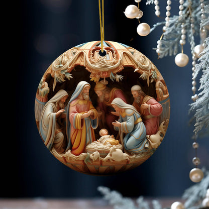Christmas Nativity Flat Disc Ornament, Religious Gift: One Side Only (Fernville logo on back)