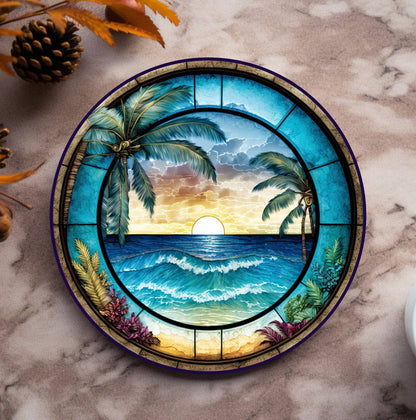 Tropical Beach Ceramic Coaster with Cork Backing: 3.6 Inch Glossy