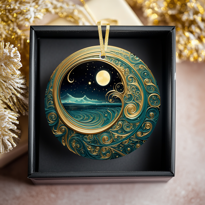 Starry Night Teal & Gold Celestial Keepsake Ornament: One Side Only (Fernville logo on back)