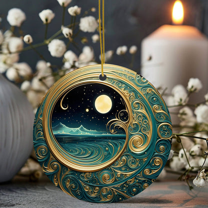 Starry Night Teal & Gold Celestial Keepsake Ornament: One Side Only (Fernville logo on back)