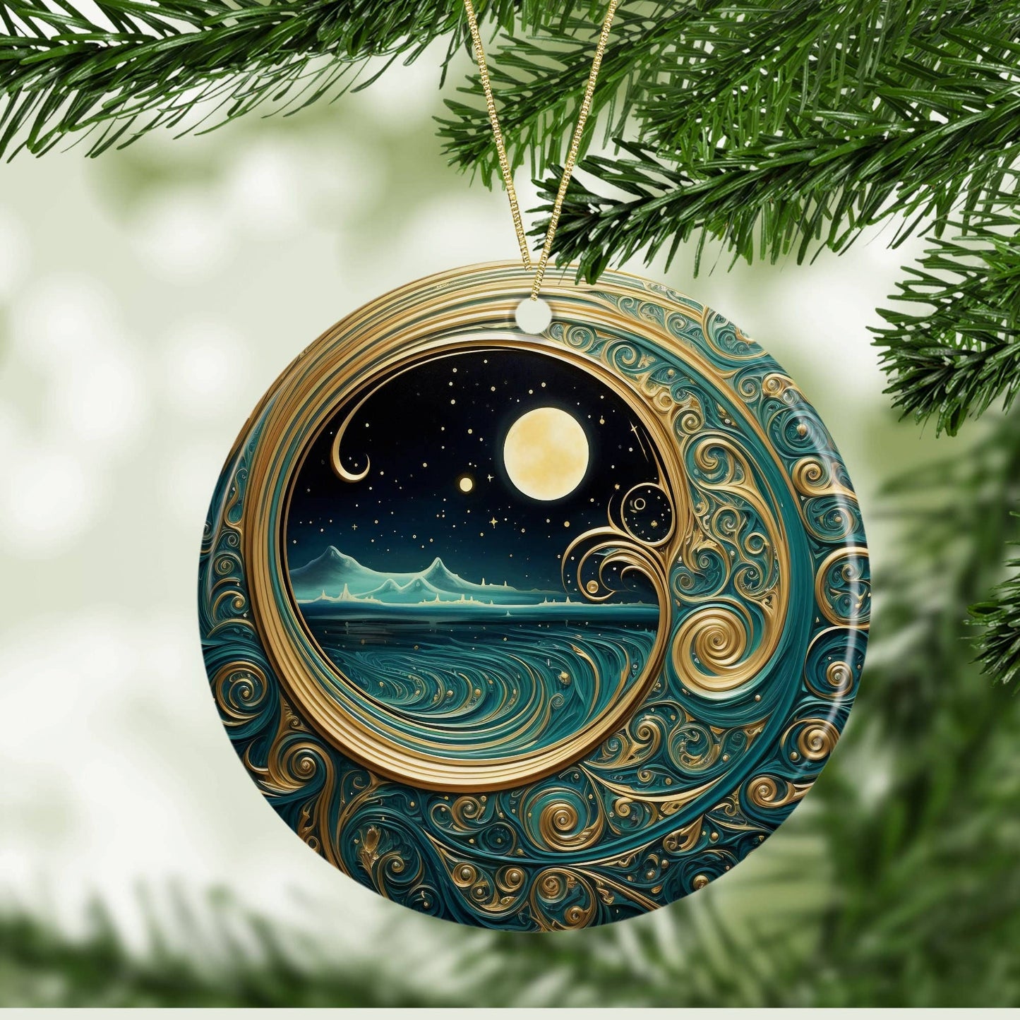 Starry Night Teal & Gold Celestial Keepsake Ornament: One Side Only (Fernville logo on back)