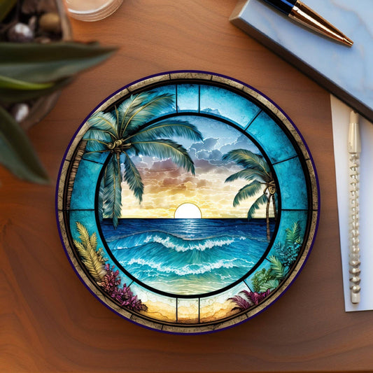 Tropical Beach Ceramic Coaster with Cork Backing: 3.6 Inch Glossy