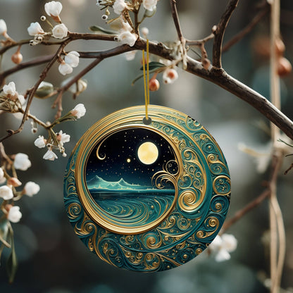 Starry Night Teal & Gold Celestial Keepsake Ornament: One Side Only (Fernville logo on back)