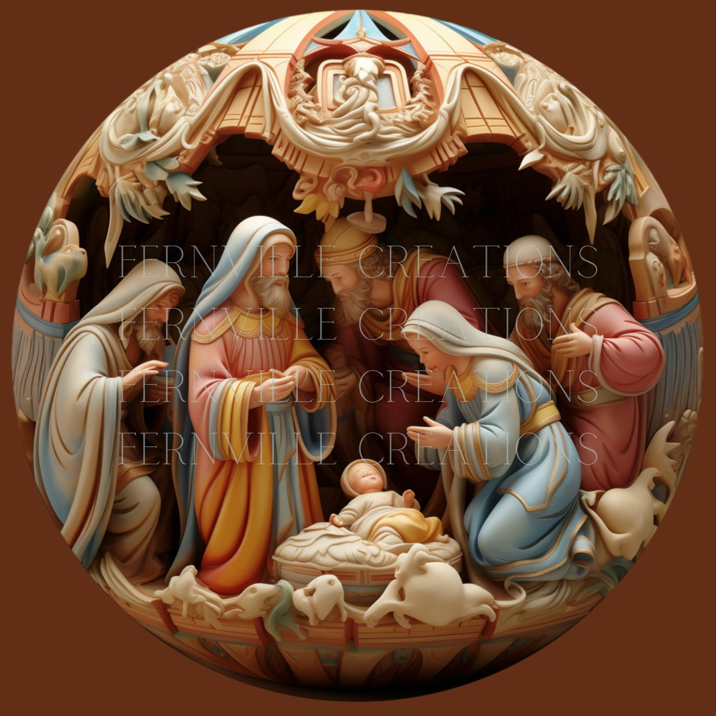 Christmas Nativity Flat Disc Ornament, Religious Gift: One Side Only (Fernville logo on back)