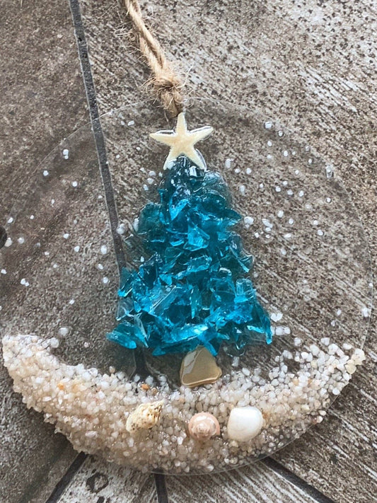 Coastal Christmas Ornament- Turquoise Christmas Tree with shells and Beach