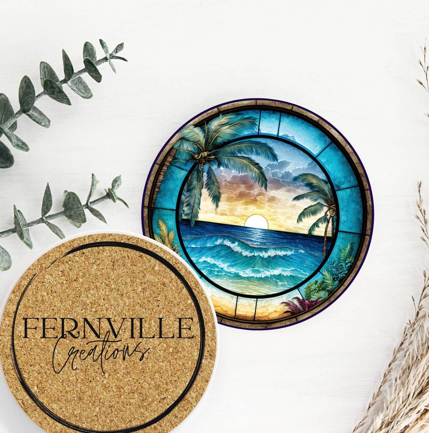 Tropical Beach Ceramic Coaster with Cork Backing: 3.6 Inch Glossy