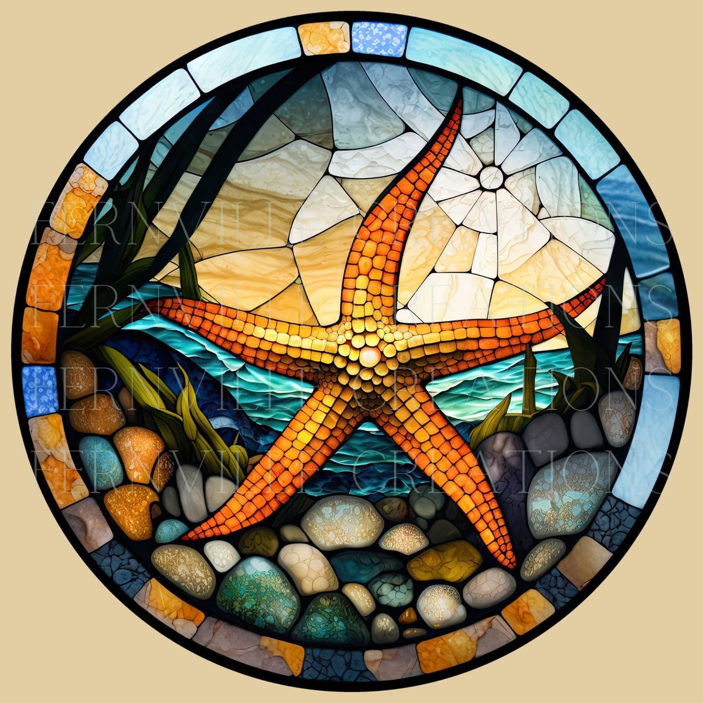 Starfish Stained Glass Ceramic *Coaster*, Eco-Friendly Decor: 3.6 Inch Glossy