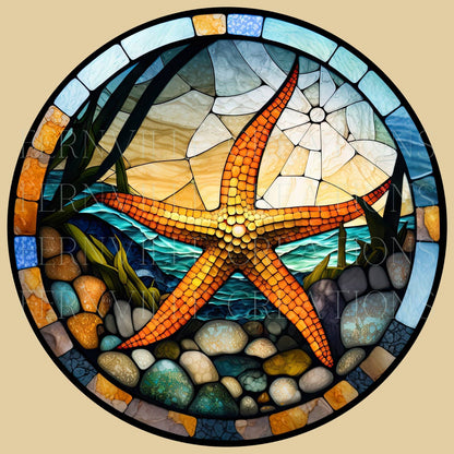 Starfish Stained Glass Ceramic *Coaster*, Eco-Friendly Decor: 3.6 Inch Glossy