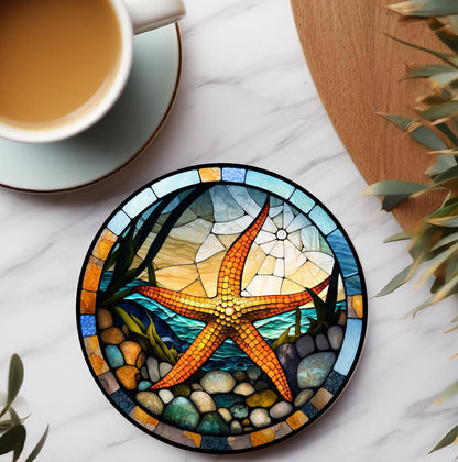 Starfish Stained Glass Ceramic *Coaster*, Eco-Friendly Decor: 3.6 Inch Glossy