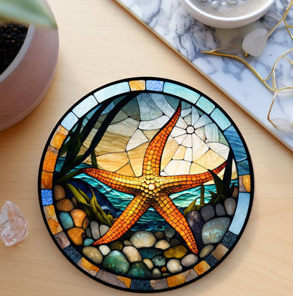 Starfish Stained Glass Ceramic *Coaster*, Eco-Friendly Decor: 3.6 Inch Glossy