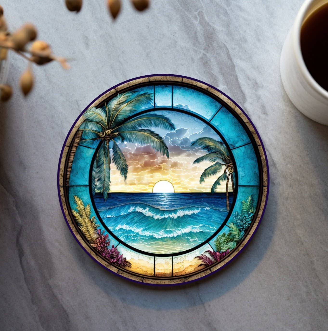 Tropical Beach Ceramic Coaster with Cork Backing: 3.6 Inch Glossy