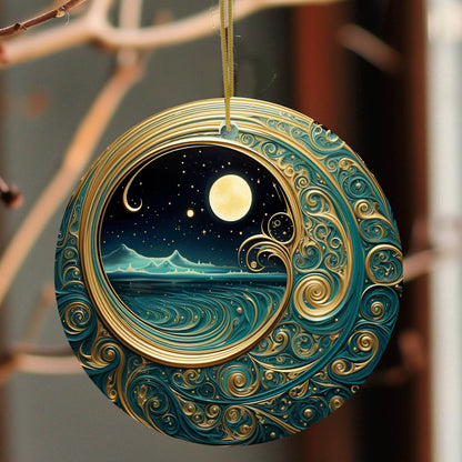 Starry Night Teal & Gold Celestial Keepsake Ornament: One Side Only (Fernville logo on back)
